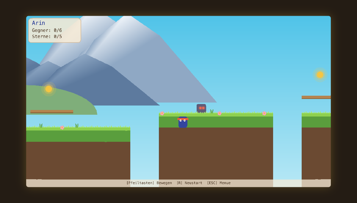Mid-level gameplay with painted mountains, terrain and a glowing-eyed enemy