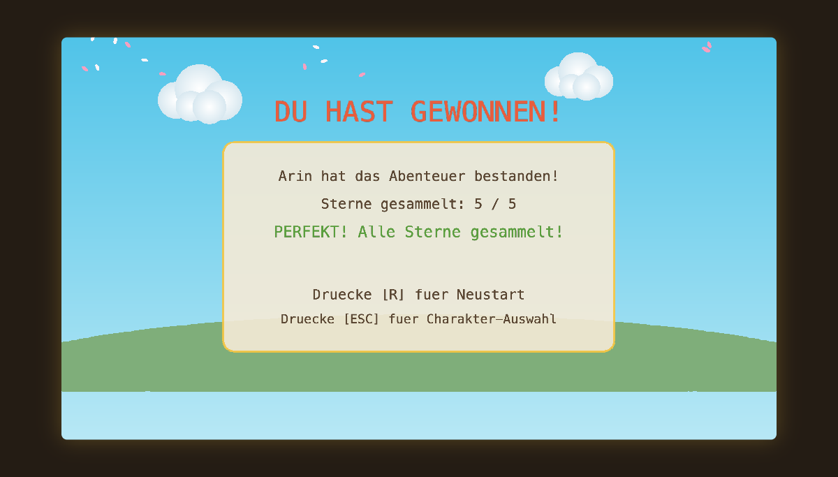 The victory screen with falling petals over a painted background