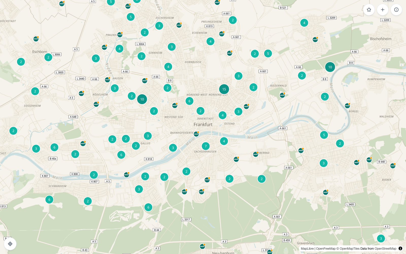 The live Table Hunter map showing the custom map style with clustered table pins across a Frankfurt neighbourhood